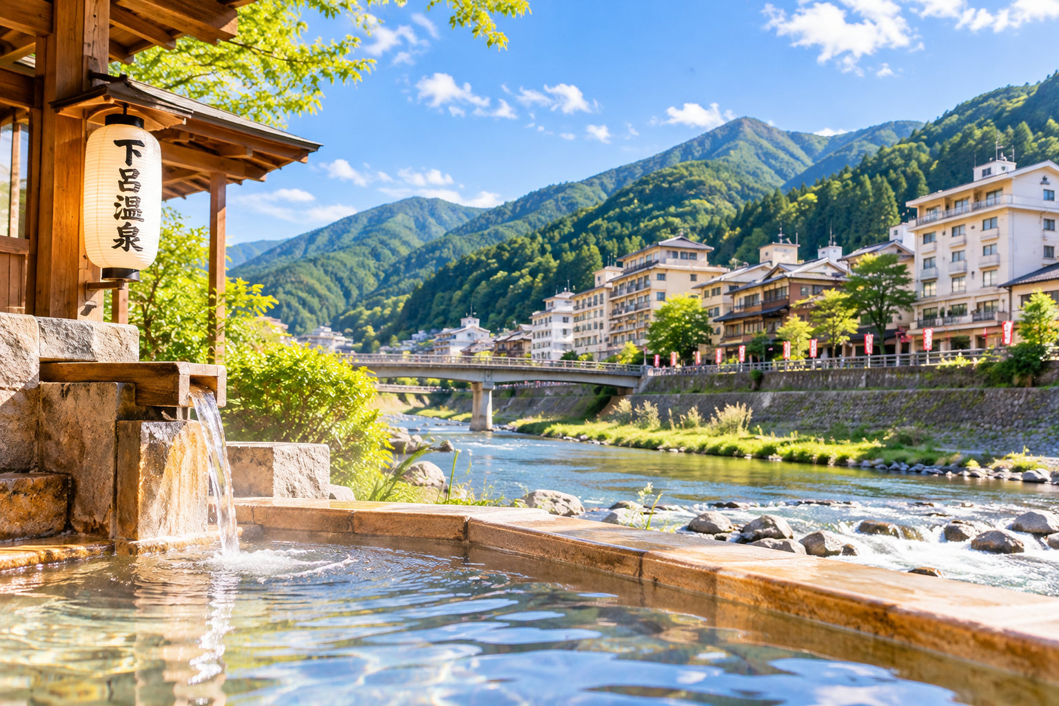 明るい温泉街と川の風景を描いたAI生成イメージ。実際の下呂温泉の写真ではありません